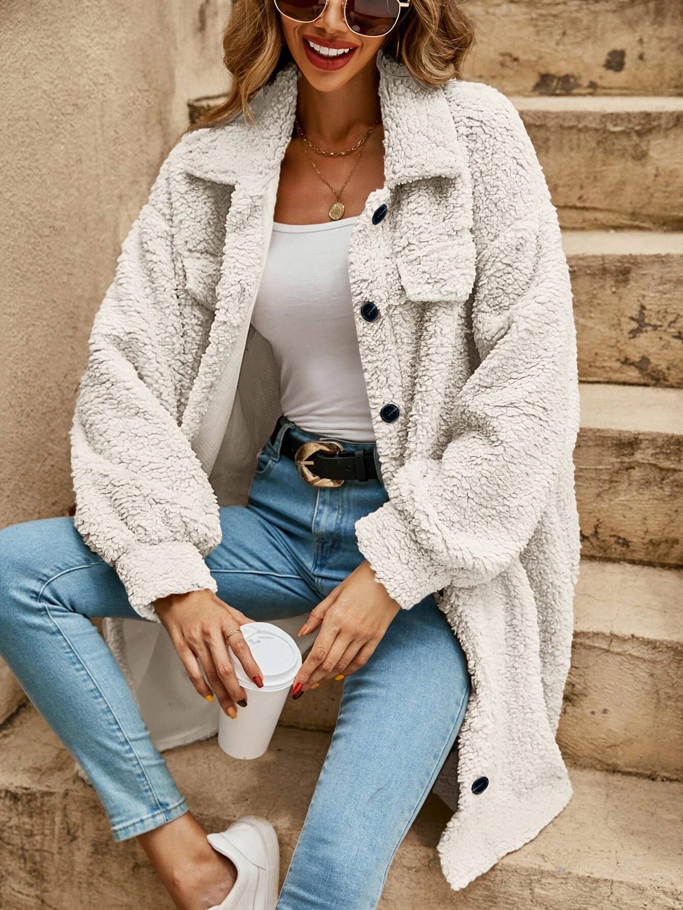 Plain Button Up Sherpa Jacket