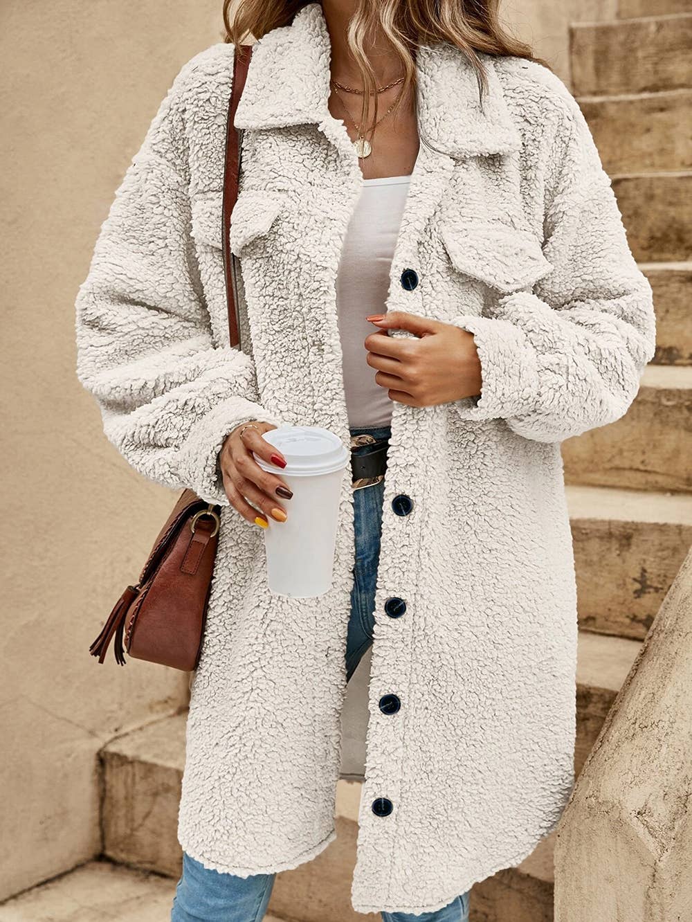 Plain Button Up Sherpa Jacket